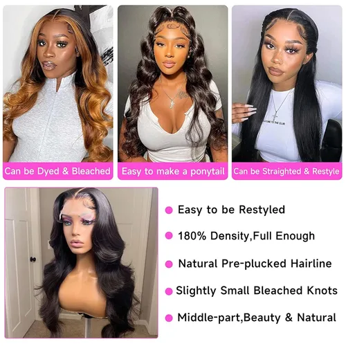 Vista 6 de Lemoda Pelucas de cabello humano ondulado con encaje frontal de 22 pulgadas, densidad 180, 13 x 6 HD, transparente, encaje frontal, prearrancado