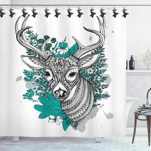 Vista 2 de Juego de 12 ganchos para cortina de ducha de ciervos, anillos rústicos para baño, decoración temática de Navidad, cuernos de reno, madera de ciervo