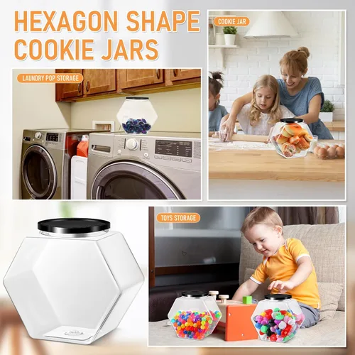 Vista 6 de Norme 4 tarros de plástico de 129 onzas con tapas, tarros hexagonales para galletas para mostrador de cocina, recipientes de barra de caramelo