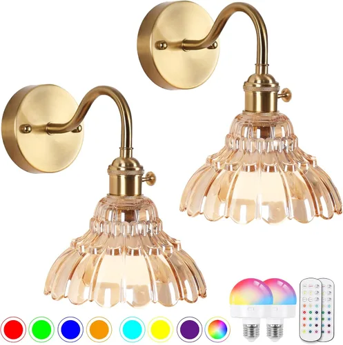 Vista 11 de Juego de dos apliques de pared vintage que funcionan con pilas, para interiores, no cableados, de latón y cristal verde, luces de pared RGB