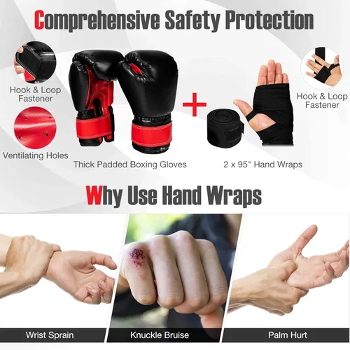 Vista 6 de GYMAX Saco de boxeo para niños, saco de boxeo prellenado con guantes de boxeo, envolturas de mano y bolsa de transporte, saco de boxeo pesado