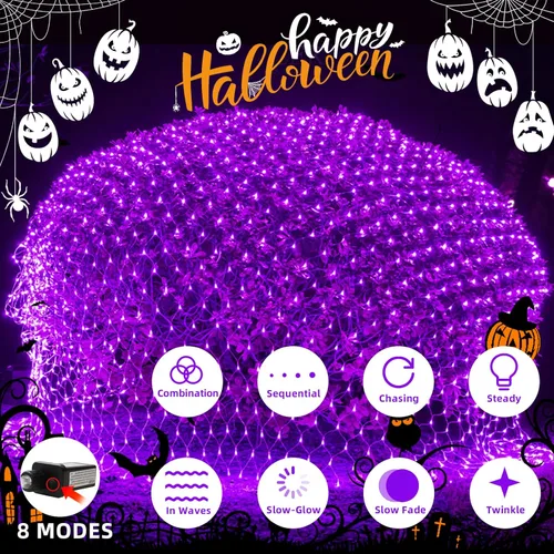 Vista 2 de HeKation Red de luces de Halloween para exteriores, luces de malla moradas de Halloween, 200 bombillas LED, impermeables, para interiores, cortinas
