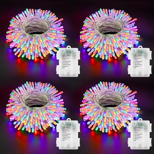 Paquete de 4 luces de cadena multicolor a pilas para exteriores de 16.5 pies con 50 LED, temporizador, luces de cadena RGBY de alambre transparente,