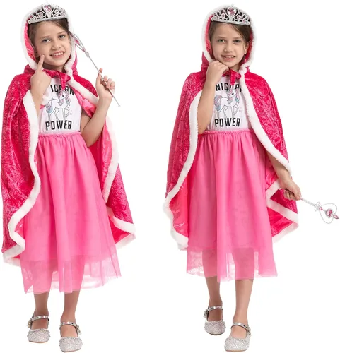 Vista 7 de 3 piezas de capa con capucha de princesa con corona de tiara y varita disfraz de princesa para niñas accesorios de vestir para Halloween y cosplay