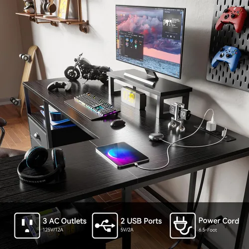 Vista 5 de Furologee Escritorio para computadora en forma de L con toma de corriente, escritorio reversible de oficina en casa para estudio de trabajo, mesa