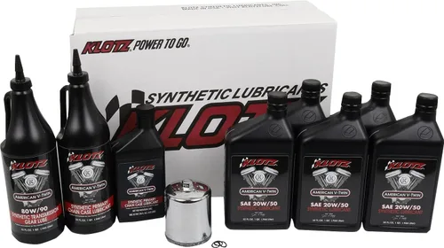 Vista 9 de Kit para cambio de aceite sintético de motor Klotz de 4 cuartos de galón 20W/50 para Evolution Sportster 1986-2022 - Kit premium