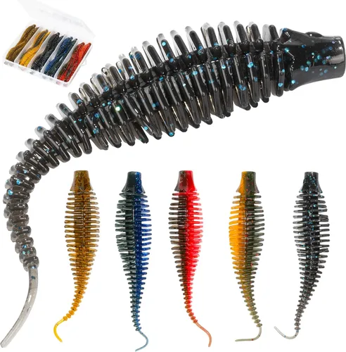 Soft Plastic Worm Fishing Lures Kit, Finesse TRD Stick Worms and Ned Rig Baits with Jig Heads for Bass Fishing, Freshwater Bass Soft Baits