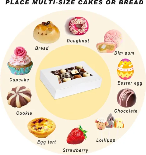 Vista 5 de Yeplan Paquete de 10 cajas de panadería con ventana, cajas de galletas de 12 x 8 x 2.5 pulgadas, cajas blancas para donas, magdalenas, tartas