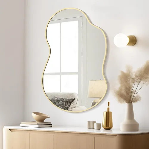 Vista 19 de WallBeyond Espejo de pared irregular, espejo asimétrico con marco de aleación de aluminio, espejo de pared decorativo para sala de estar, Negro