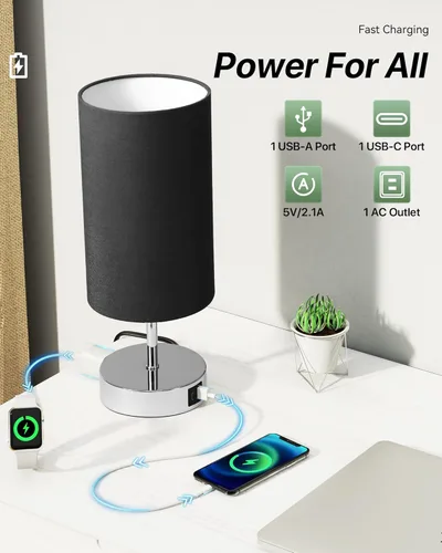 Vista 3 de KPQ Lámpara de mesita de noche con control táctil, puertos de carga USB A+C y salida de CA, lámpara de mesita de noche regulable de 3 vías