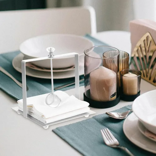 Vista 6 de Amosfun Farmhouse Flat Napkin Holder with Weighted Arm, Metal Paper Towel Stand for Kitchen and Dining Tabletop, Silver Square Tissue Organizer for