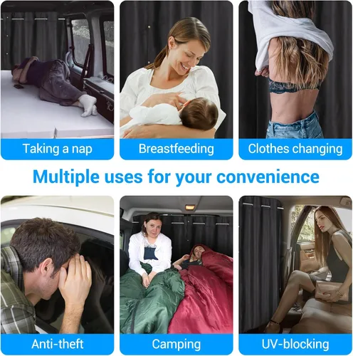 Vista 3 de XCBYT Cortinas de privacidad para automóvil - Cortinas divisoras para camping en automóvil con barra transversal ajustable de acero inoxidable