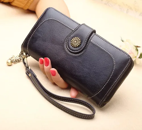 Vista 4 de Cartera con tarjetero para mujer, con bloqueo RFID, gran capacidad, de lujo, cera, embrague, Negro -, Cuero