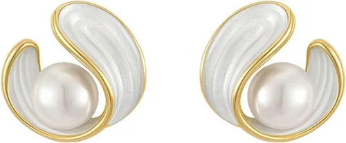 Pearl Stud Earrings for Women Stainless Steel Unique Statement Small Pearl Enamel Button Statement Vintage Earring Jewelry