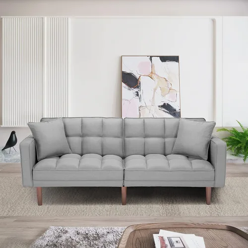 Vista 18 de Sofá cama tipo futón convertible, moderno sofá cama plegable tapizado de lino con dos almohadas, sofá cama de 75 pulgadas para sala de estar