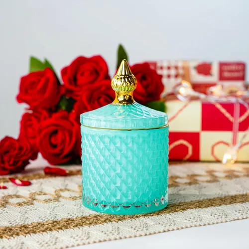Vista 2 de Joyero de cristal azul con tapa, tarro de caramelo de cristal, tarro de cristal para bufé de dulces de boda, tarros de boticario de cristal