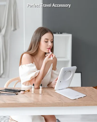 Vista 6 de Espejo de maquillaje de viaje recargable con luces, tocador portátil iluminado con aumento de 10X, 70 luces LED, pantalla táctil regulable de 3