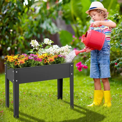 Vista 3 de HAPPYGRILL Cama de jardín elevada, maceta elevada de 18 pulgadas con patas, orificio de drenaje, diseño de dobladillo, caja de jardín de metal