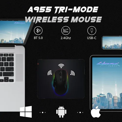Vista 2 de DAREU Ratón inalámbrico ligero para juegos A955 con base de carga RGB Ratón trimodo 2.4GUSB-CBT Ratón hasta 12K DPI Sensor óptico -Botones KBS II