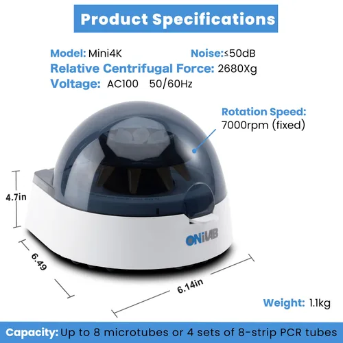 Vista 2 de ONiLAB Mini centrífuga científica 7000RPM, 2680 x g RCF, centrífuga de mesa de laboratorio con 2 rotores para 8 tiras de PCR de 0.20.51.50.1 fl oz