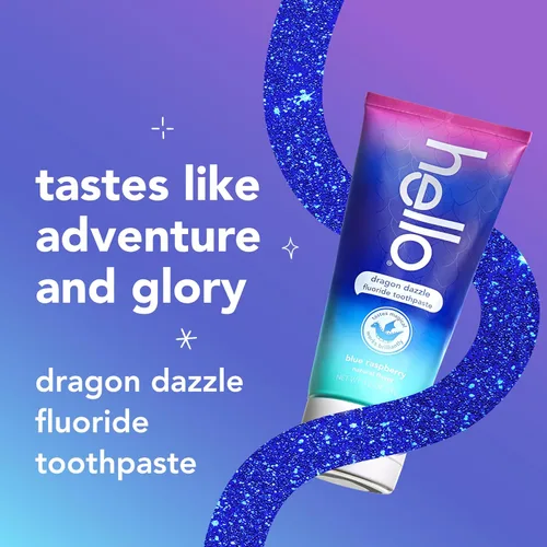 Vista 2 de Hello Dragon Dazzle Blue Raspberry Kids Pasta de dientes con flúor, a partir de 2 años, sin edulcorantes artificiales, sin SLS, sin gluten, vegano