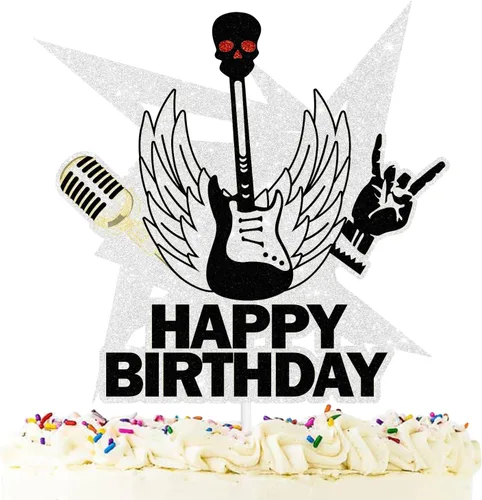 Rock'n'roll - Decoración para pastel de cumpleaños, tema de música rock Born To Rock Man Boy Girl cumpleaños, decoración de fiesta con purpurina