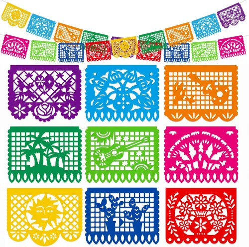 DomeStar - Decoración de fiesta mexicana, pancarta de papel picado de plástico de 18 pies, banderines de fiesta de Cinco de Mayo para suministros de