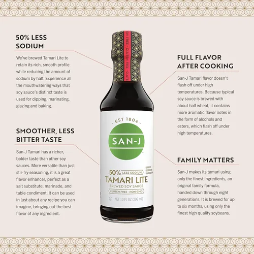 Vista 4 de San-J - Salsa de soja tamari ligera sin gluten con 50% menos sodio - Hecha con 100% soja - Especialmente elaborada - Botella de 10 fl oz