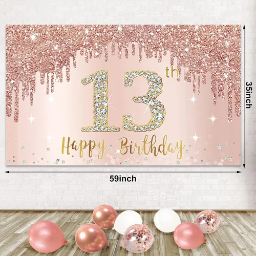 Vista 4 de Cartel de feliz cumpleaños 13 con arco de guirnalda de globos de confeti, juego de globos de oro rosa para niñas, póster de cumpleaños rosa de 13