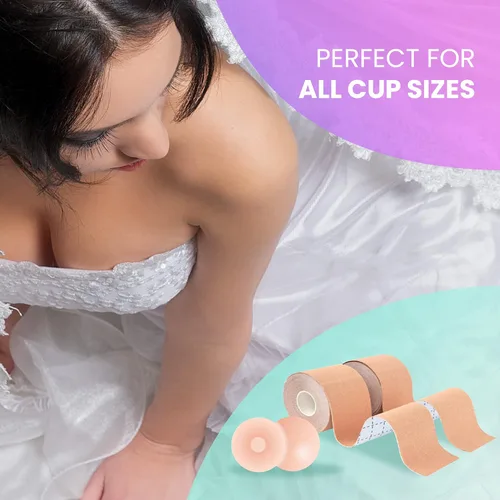 Vista 7 de Cinta de senos boobytape para levantamiento de senos con 4 piezas de brasier adhesivo de silicona, 36 cintas de moda, cinta corporal, cinta