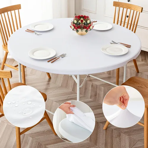 Vista 11 de ManMengJi Paquete de 2 manteles redondos ajustables color negro con bordes elásticos, impermeable, resistente a las manchas, para uso en exteriores