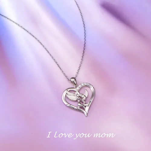 Vista 7 de Mama Bear Mama - Collar de plata de ley con colgante de oso en corazón con 1 2 3 cachorros