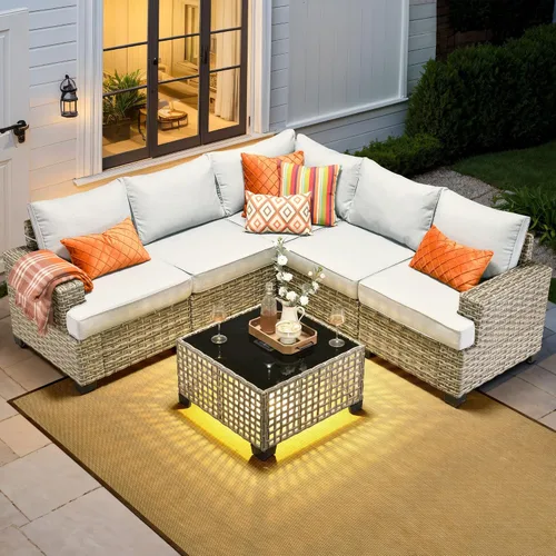 Vista 40 de HOOOWOOO Juego de Muebles Seccionales para Patio al Aire Libre, 6 Piezas Juegos de Conversación de Mimbre Sofá en Forma de L, Sofá Extra Profundo