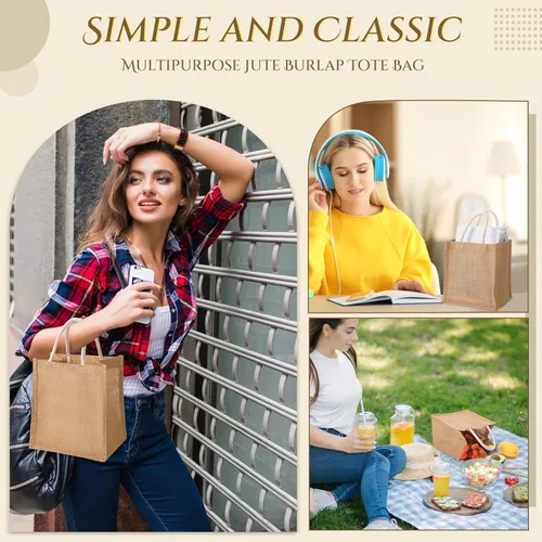 Vista 4 de Cunno 24 Piezas Bolsa de Arpillera Mini Bolsa de Yute Reutilizable Impermeable con Asas Pequeña Lona en Blanco para Boda Playa Regalo DIY