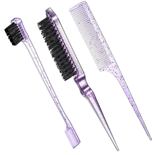 Vista 21 de Geiserailie Juego de 3 cepillos para peinar el cabello liso Cepillo de cerdas Cepillo de control de bordes Cepillo de cardado para mujeres con Negro