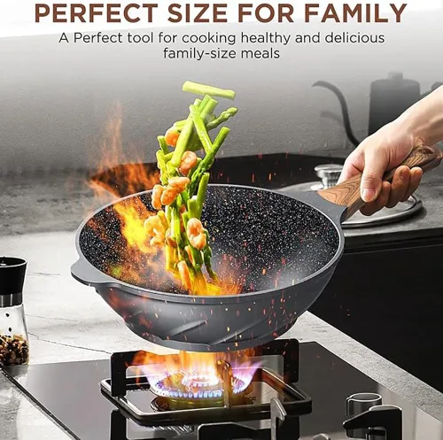 Vista 6 de ITSMILLERS Wok antiadherente y sartén de 12.5 pulgadas con espátula, de aluminio fundido a presión, resistente a los arañazos, wok saludable