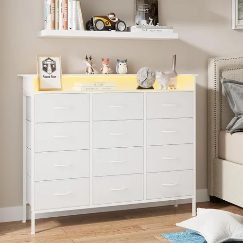 Vista 8 de ELYKEN Cómoda LED blanca para dormitorio, cómoda de 50 pulgadas de ancho con 12 cajones y estación de carga, cómoda de tela con cajones