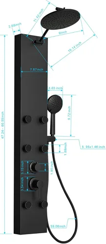 Vista 6 de BWE Panel de ducha 3 en 1, sistema de torre de acero inoxidable, panel de ducha multifunción con 6 masajes corporales y ducha de mano para el hogar