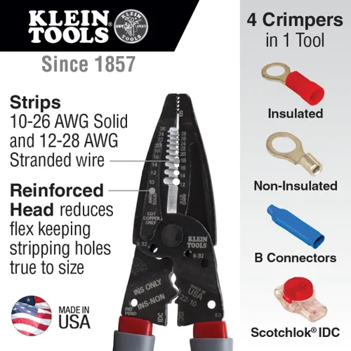 Vista 2 de Klein Tools 1019 Klein Kurve - Pelacables, crimpador/cortador, fabricado en Estados Unidos, herramienta de corte/crimpado/pelado para conectores B e
