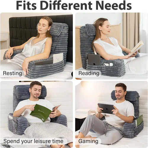 Vista 7 de ENITYA Almohada de espalda XL de 22 pulgadas para sentarse en la cama, almohada de lectura con brazos integrados, silla de apoyo de respaldo suave