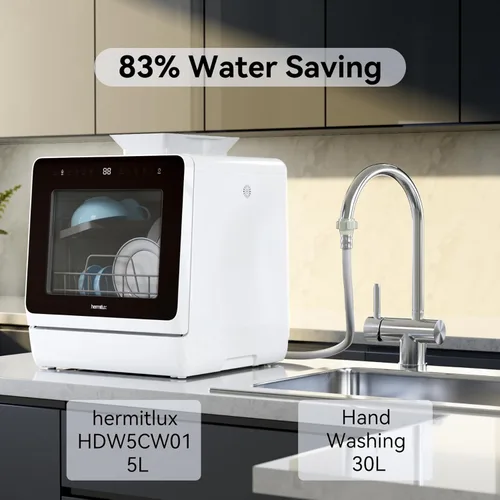 Vista 4 de Hermitlux Lavavajillas para encimera, 7 programas de lavado, mini lavavajillas portátil con tanque de agua integrado de 5 litros para apartamentos