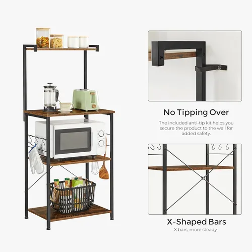 Vista 4 de VASAGLE Almacenamiento de cocina, estante para panaderos, barra de café, estante de 3 niveles, 6 ganchos en S, para microondas, tarros de especias