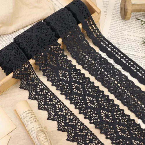 Vista 13 de Cinta de encaje negra de 15 yardas, ribete de encaje de algodón, encaje de ganchillo para costura, para manualidades, envoltura de regalo, decoración