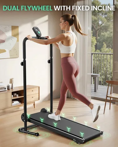 Vista 5 de AKLUER Non-Electric Treadmill with Dual Flywheel - Fixed Incline, Soft Foam Grips, Non-Slip Belt, LCD Monitor, Compact Foldable for Home/Gym Use