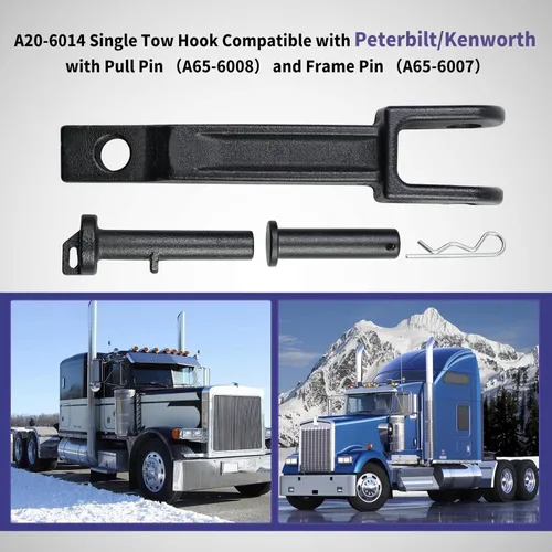 Vista 2 de A20-6014 Gancho de remolque individual compatible con Peterbilt/Kenworth con pasador de tracción (A65-6008) y pasador de marco (A65-6007)