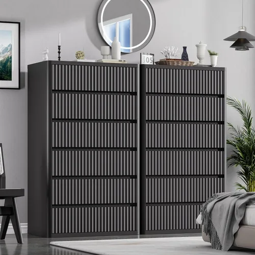 Vista 4 de Standifurno Cómoda negra de 56 pulgadas de alto para dormitorio, moderna acanalada con 6 cajones profundos, cómoda de madera con asas, perfiles