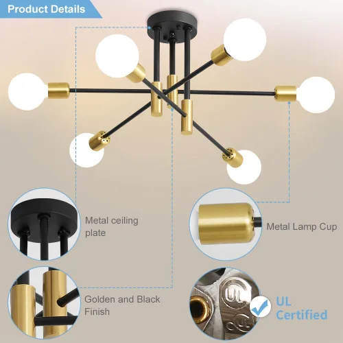 Vista 5 de Biewalk Lámpara de Araña Moderna Luminaria de Techo, Candelabros de Comedor Sputnik de 6 Luces de 31.18" Dorado y Negro sobre Mesa, Luminarias