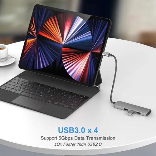Vista 2 de Adaptador de concentrador USB C 4 en 1, divisor USB 3.0 de aluminio de 4 puertos con transferencia de datos de 5 Gbps para MacBook Pro/Air, iPad