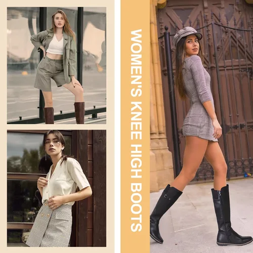 Vista 2 de Jeossy Botas altas hasta la rodilla 9655 para mujer, botas planas de equitación con hebilla y cremallera para mujer
