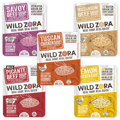 Wild Zora Instant Keto Soups Paquete variado Caldo saludable con carne de res 100% alimentada con hierba y pollo y verduras libre Sin gluten, sin